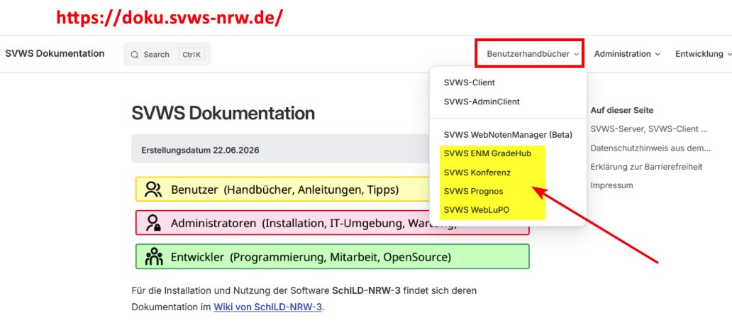 SVWS-Dokumentation: Anleitungen unter „Benutzerhandbücher"